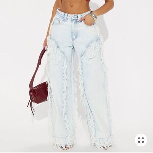Fashion Nova Light Blue Fringe Wide Leg Jeans